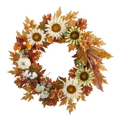 NEARLY NATURAL 30-in Autumn Sunflower, White Pumpkin and Berries Artificial Fall Wreath in Orange at Nordstrom | Nordstrom