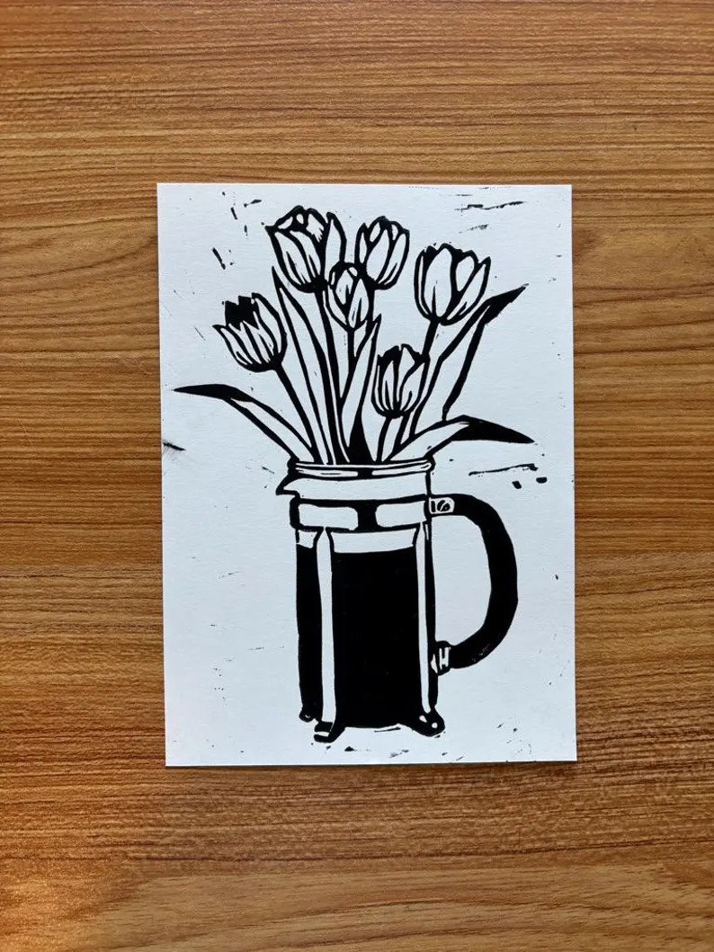 Tulip French Press | Coffee Art | Hand-made | Gift | Linocut Block Print - Etsy | Etsy (US)