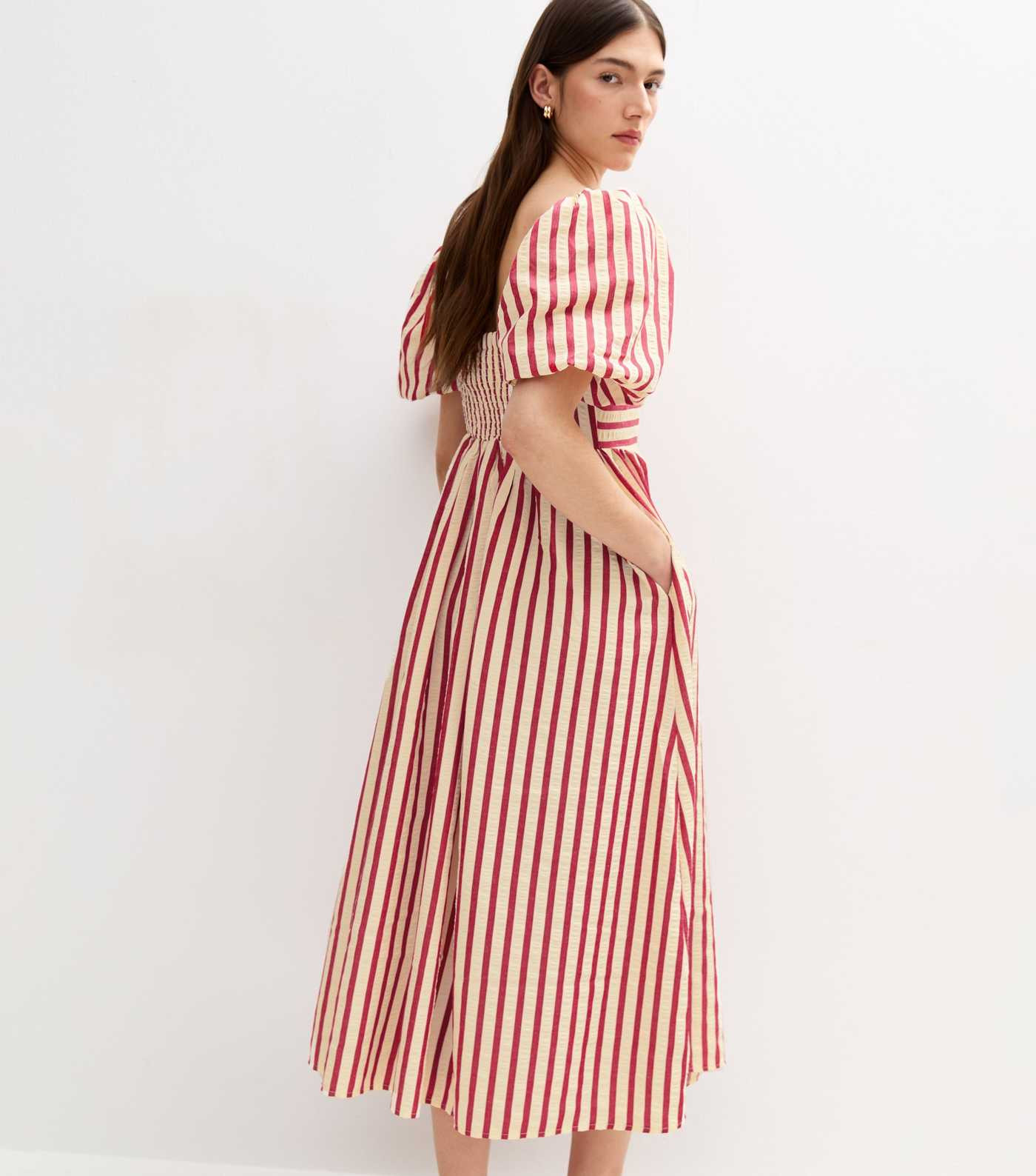 Red Striped Woven Puff Sleeve Milkmaid Midi Dress | New Look | New Look (UK)