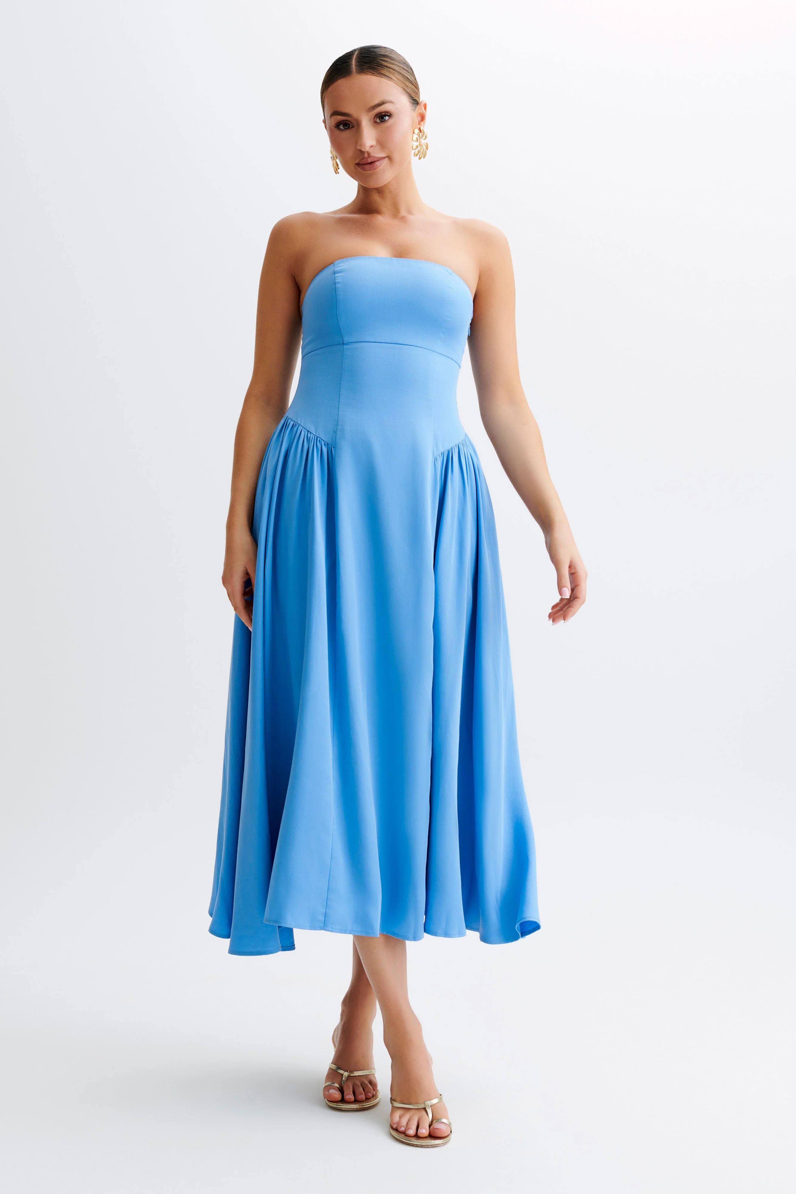 Carmele Cotton Gathered Midi Dress - Iris Blue | MESHKI US