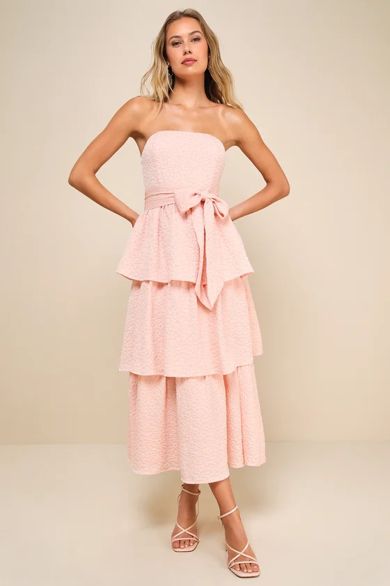 Truly Marvelous Blush Pink Jacquard Strapless Tiered Midi Dress | Lulus