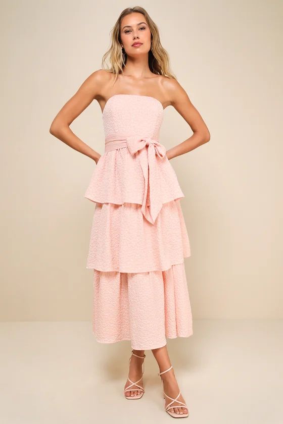 Truly Marvelous Blush Pink Jacquard Strapless Tiered Midi Dress | Lulus