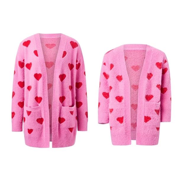 Mommy and Me Valentine's Day Outfits Heart Pattern Long Sleeve Open Front Cardigan Sweater - Walm... | Walmart (US)