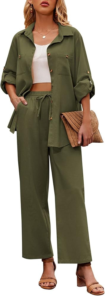 Zeagoo Women 2 Piece Linen Sets 2023 Button Down Shirt and Drawstring Long Pants Set Summer Outfi... | Amazon (US)