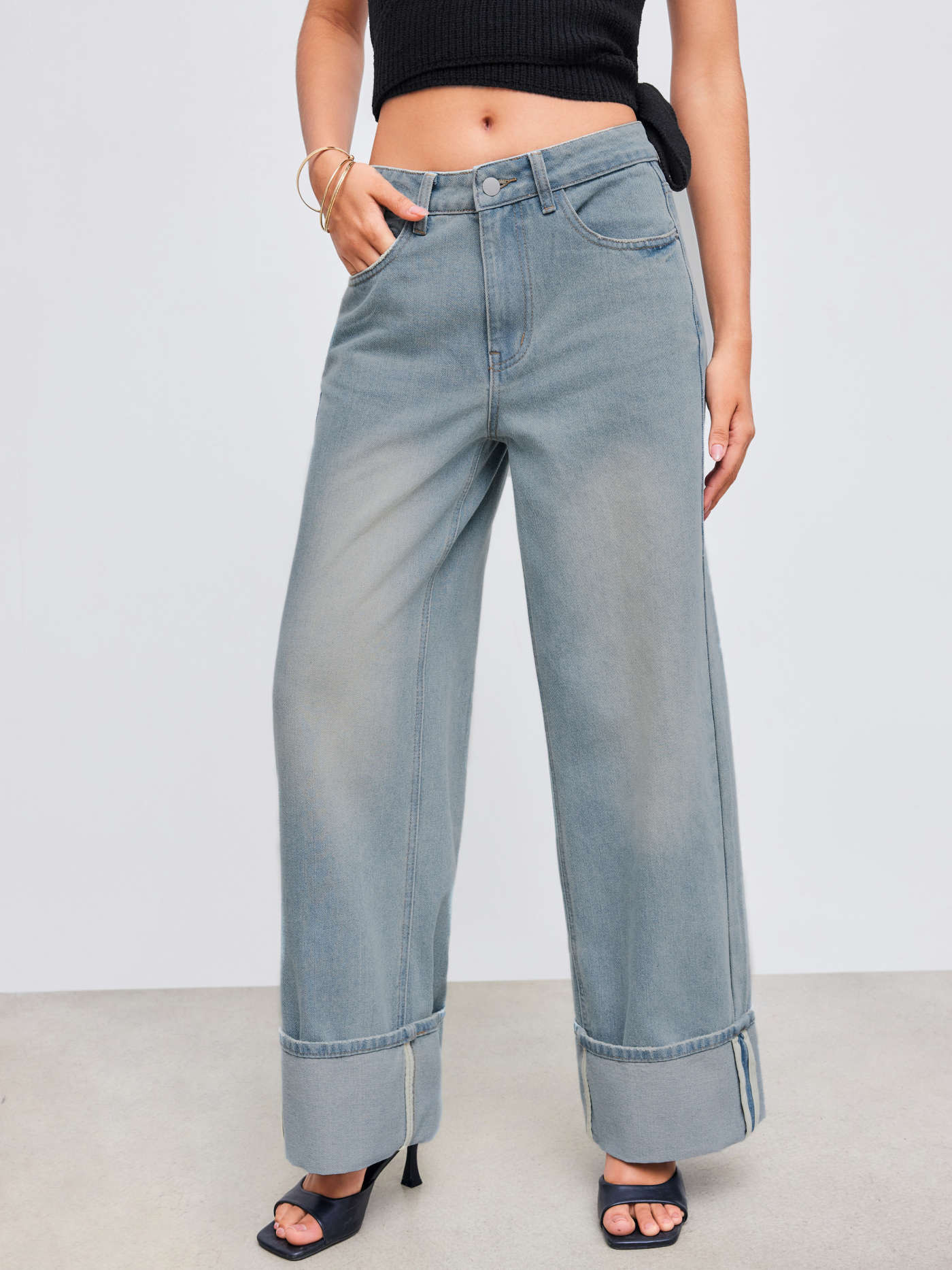 Cider Denim Mid Rise Solid Roll Hem Straight Leg Jeans | Cider