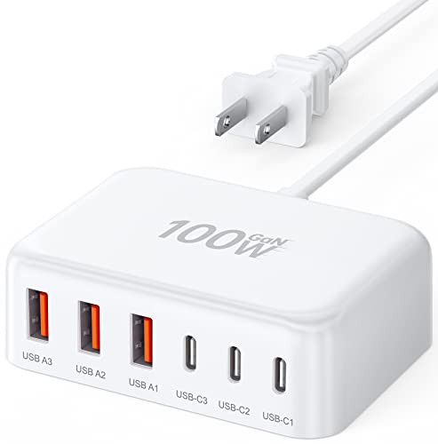 USB C Fast Charger, 100W GaN 6 Port Type USB C Charging Station Hub Block Cube, USB C Wall Charger Power Strip Adapter Plug for iPad iPhone 16 15 14 13 12 Pro Max Pixel Note Galaxy, 5ft Cord | Amazon (US)
