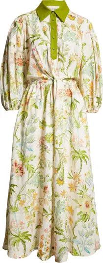 ALEMAIS Ira Floral Twist Front Long Sleeve Linen Midi Shirtdress | Nordstrom | Nordstrom