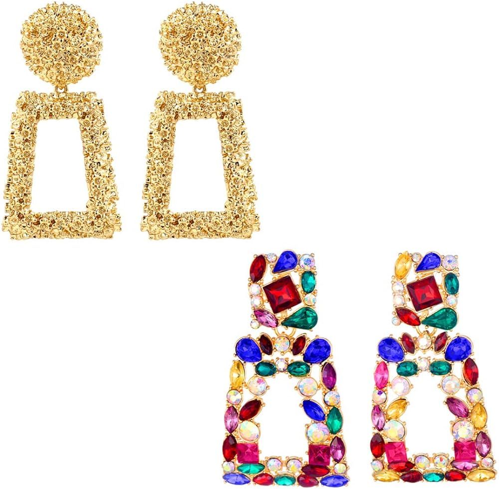 2/3 Pairs Rhinestone Rectangle Dangle Earrings and Gold Geometric Statement Earrings for Women KE... | Amazon (US)