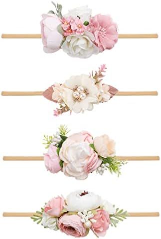 4 PCS Baby Girls Headbands Flowers Hairbands Soft Nylon Elastics Hair Bows Handmade Floral Hair Acce | Amazon (US)