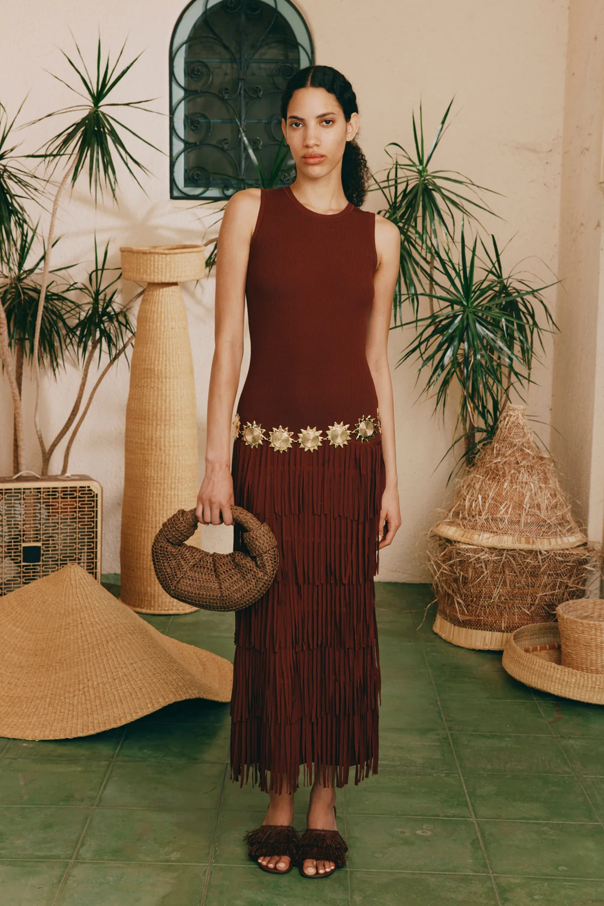 Za
           Sleeveless Knit Fringe Dress in Choco Brown | Simon Miller