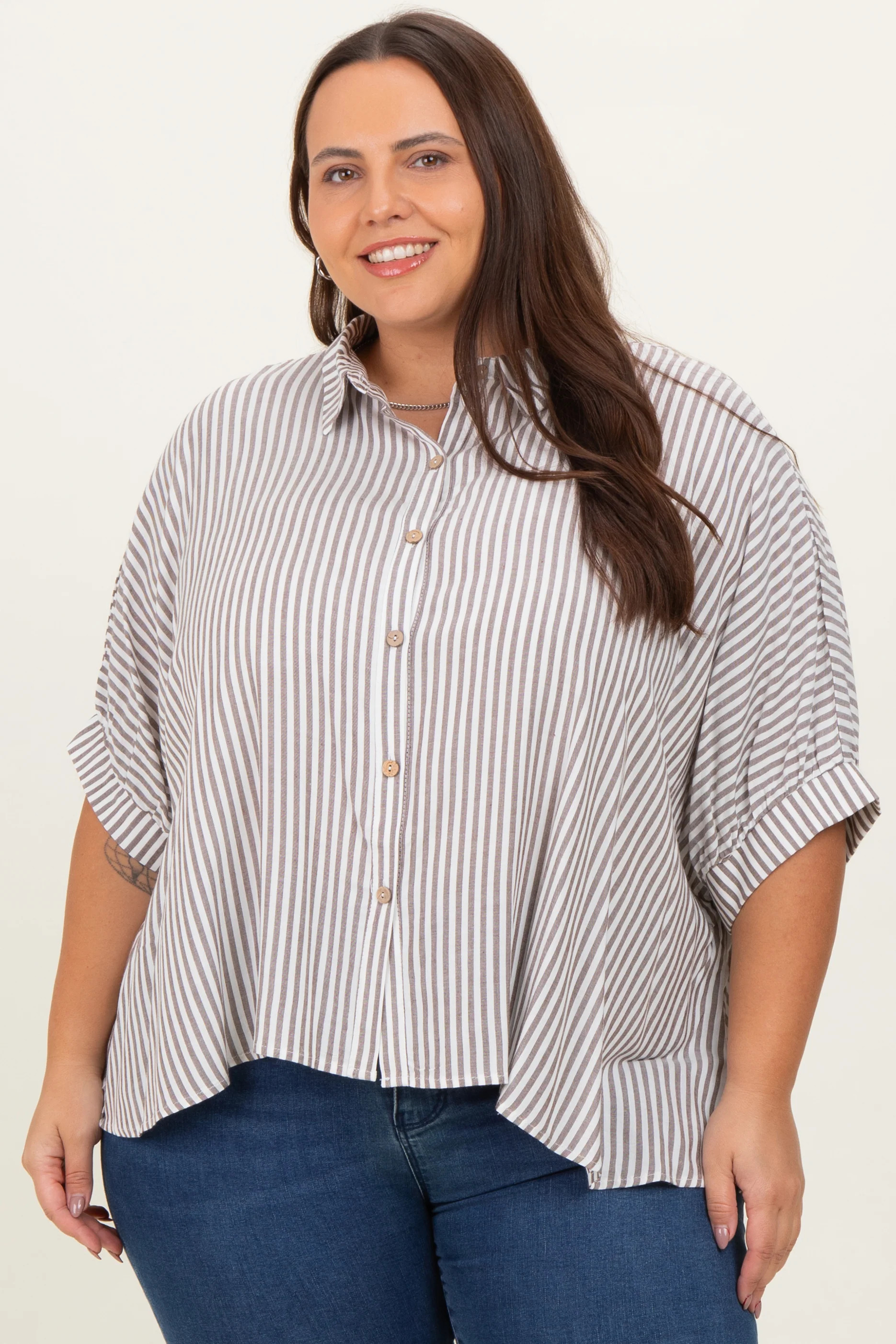 Brown Striped Button Up Short Dolman Sleeve Plus Top | PinkBlush Maternity