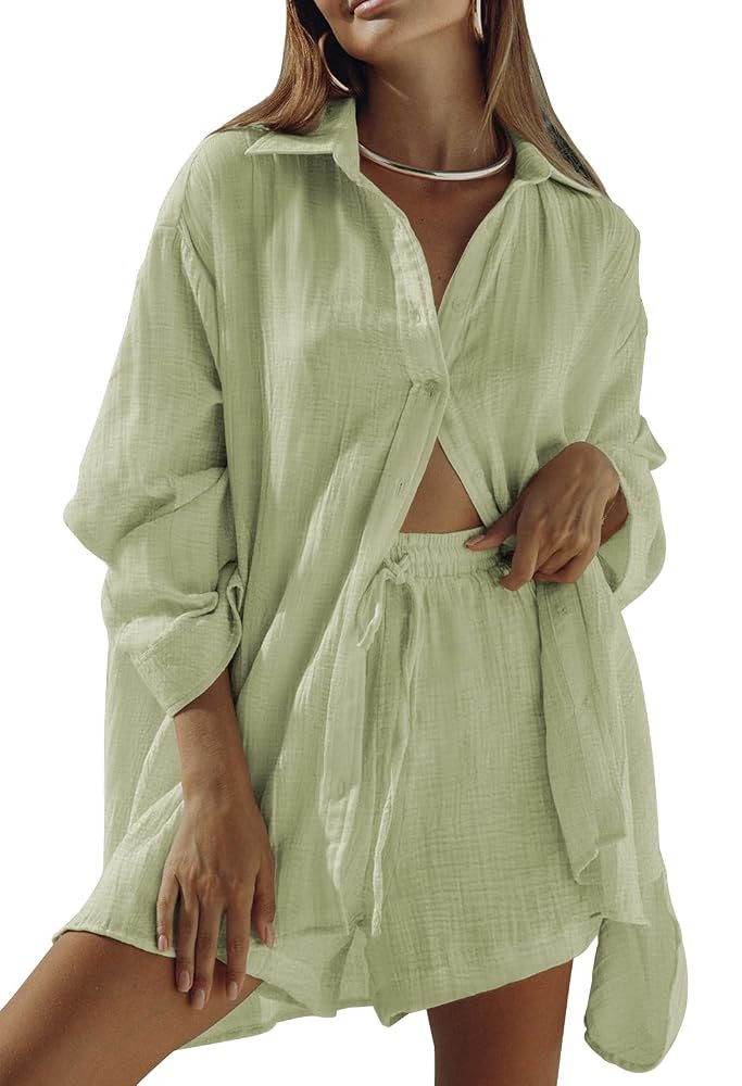 Fixmatti Women 2 Piece Outfits Long Sleeve Button Down Blouse and Shorts Sweatsuit Sets | Amazon (US)