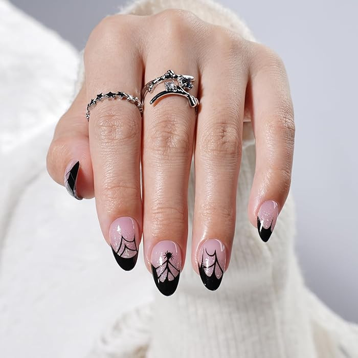 Halloween Press on Nails - Glossy Black French Tip Press on Nail, Short Almond Fake Nails Reusabl... | Amazon (US)