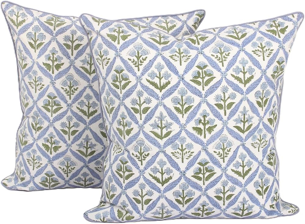 Ridhi Light Steel Blue Block Print Cotton Throw Pillow Covers for Decorative Couch Pillows for Li... | Amazon (US)
