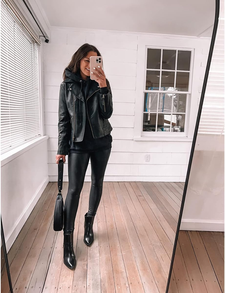 WINTER COAT OUTFIT-Sweatshirt in M (sized up) Leggings in S, leather jacket in S, boots are true to size.
 

 #LTKPetite #LTKFindsUnder100