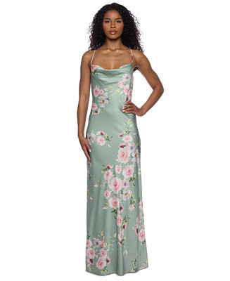 Juniors' Floral Satin Cowlneck Gown | Macy's