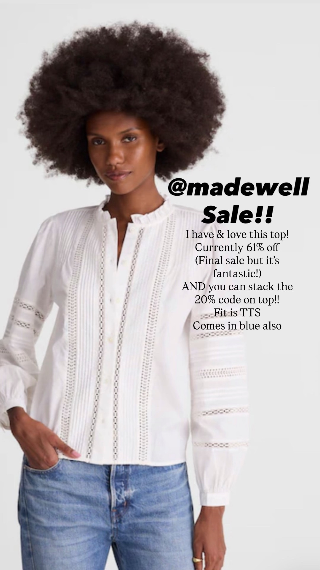 I have a small in this top
It’s fantastic. Love the detail! 
Final sale but I truly love mine. 
I have a small 

Currently 61% off and can stack 20% more % 
Code LTK20

@Madewell

#LTKSaleAlert #LTKOver40 #LTKgrwm