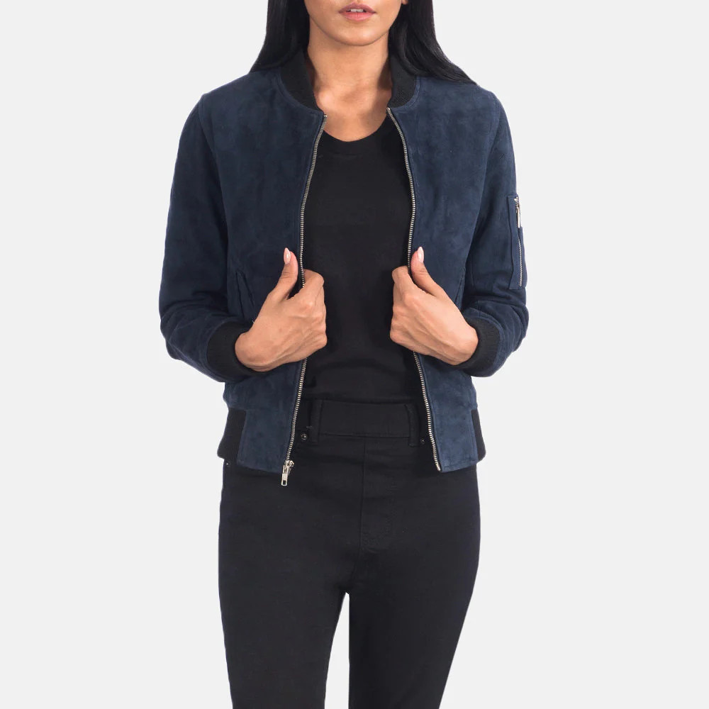 Women's Ava Ma-1 Blue Suede Bomber Jacket | The Jacket Maker
