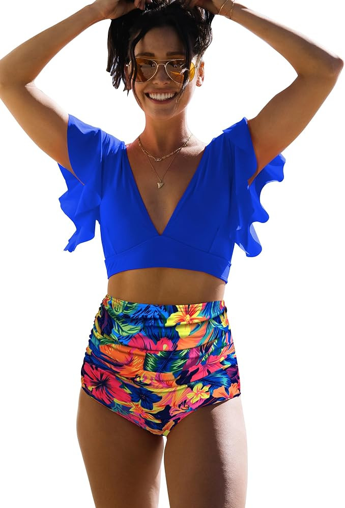SPORLIKE Women Ruffle High Waist Swimsuit Two Pieces Push Up Tropical Print Bikini | Amazon (US)