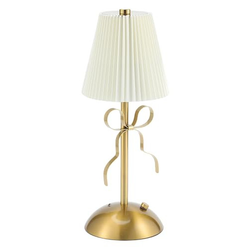 CryzhalinX Cordless Table Lamp,Small Desk Lamp with 3 Color,Touch Dimmable Bedsdie Lamps,Bow Lamp with Fabric Shade,LED Night Light for Girls Room Princess Room Decor(Gold) | Amazon (US)