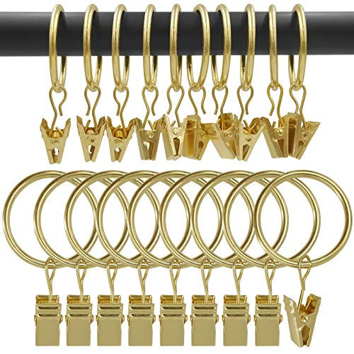 AMZSEVEN 100 Pack Curtain Rings with Clips, Drapery Clips with Rings, Drapes Rings 1.26 in Interior Diameter, Fits up to 1 in Curtain Rod, Gold Color | Amazon (US)