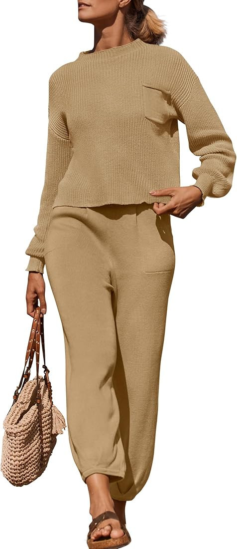 ZESICA Women's 2 Piece Outfits Sweater Set Long Sleeve Mock Neck Knit Pullover Top High Waist Pan... | Amazon (US)