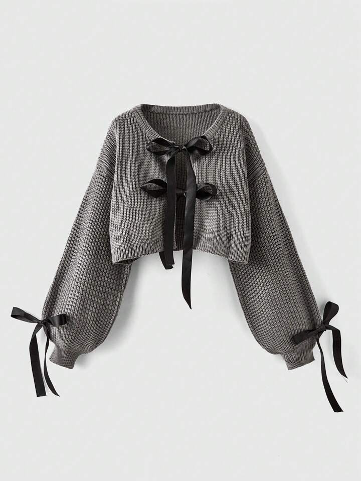 ROMWE Kawaii Sweet & Lovely Ladylike Style Ribbon-Decorated Puff Sleeve Cardigan For Women | SHEIN