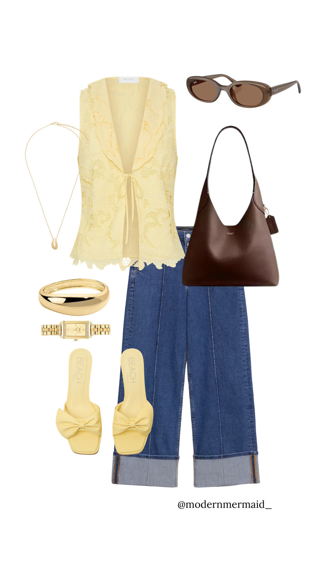 Butter yellow is having a moment, and this outfit is proof. Paired with dark denim, rich chocolate accessories, and vintage-inspired gold details, it's the perfect blend of effortless and elevated.

From coffee runs to weekend shopping dates, this look feels polished, feminine, and just a little bit coastal chic. 

LTKStyleTip: Butter yellow pairs beautifully with deep brown accessories for a luxe look that feels expensive without being overdone.

#LTKFashion #LTKStyle #ButterYellow #DenimStyle #SummerOutfit #CasualChic #EffortlessStyle #WeekendOutfit #NeutralStyle #MeshkiStyle #EverydayFashion #CoastalChic #OOTDInspo #FashionFinds #ClassicStyle 

 