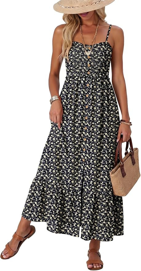 Dokotoo Womens Summer Dresses 2026 Sleeveless Spaghetti Strap Button Down Smocked Beach Vacation ... | Amazon (US)