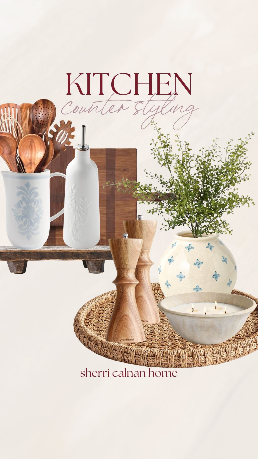 Simple kitchen counter styling using warm woods, subtle pattern, and functional pieces that keep the space feeling lived-in, layered, and effortlessly beautiful. Kitchen counter decor, kitchen styling ideas, neutral kitchen accessories, wooden utensils, ceramic oil bottle, coastal kitchen style, sherri calnan home

#LTKHome