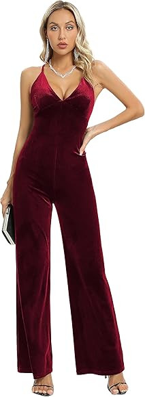 Aigeman Womens Sexy V Neck Backless Velvet Jumpsuits Spaghetti Strap Velvet Romper Velvet Wide Le... | Amazon (US)