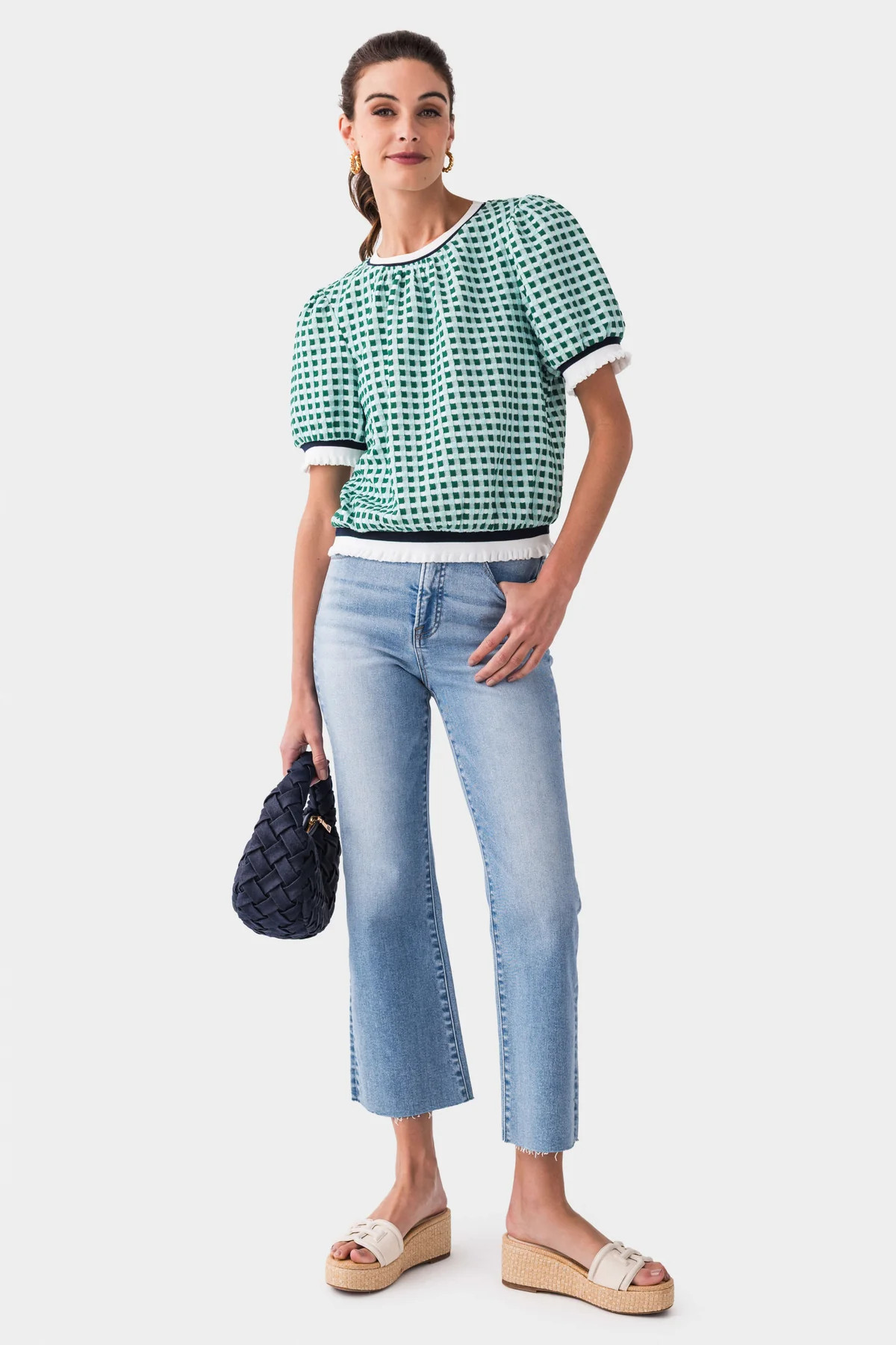 Voy Striped Contrast Textued Gingham Knit Top | Social Threads