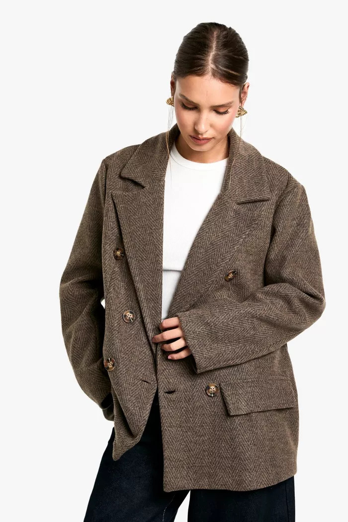 Herringbone Wool Look Double Breast Blazer | Boohoo.com (UK & IE)