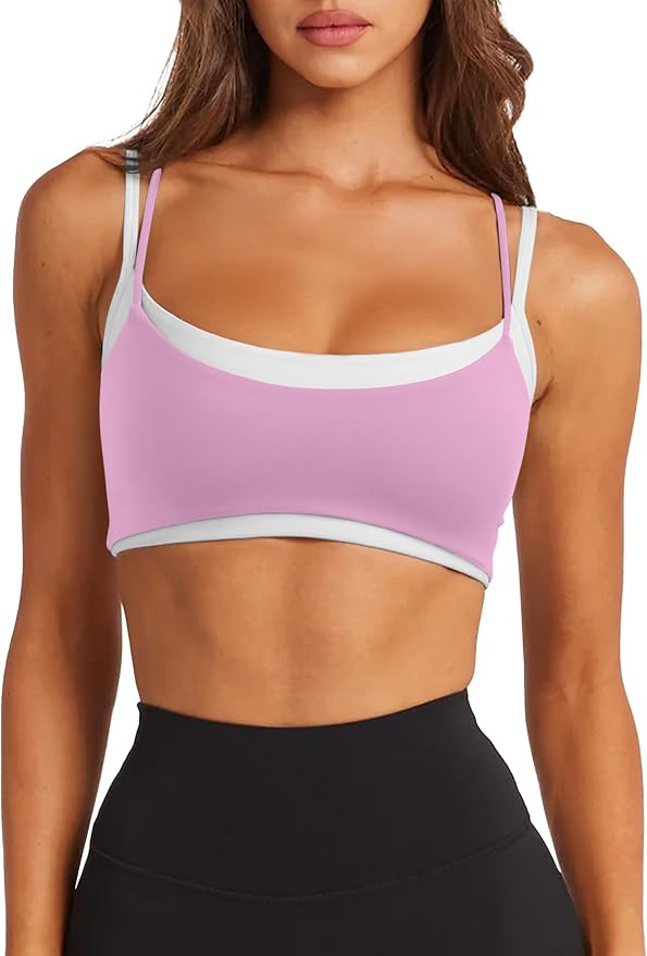 LASLULU Womens Double Layered Sports Bra Adjustable Spaghetti Straps Sexy Scoop Neck Wireless Pad... | Amazon (US)
