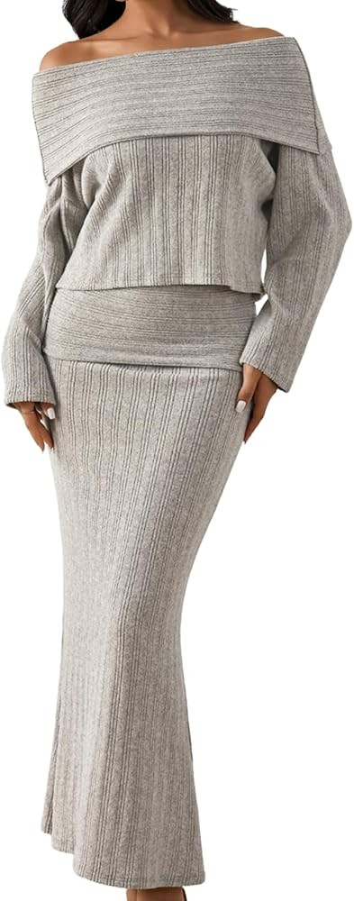 Women's Fall 2 Piece Set Sweater Bodycon Maxi Skirt Long Sleeve Crop Top Formal Wedding Guest Coc... | Amazon (US)