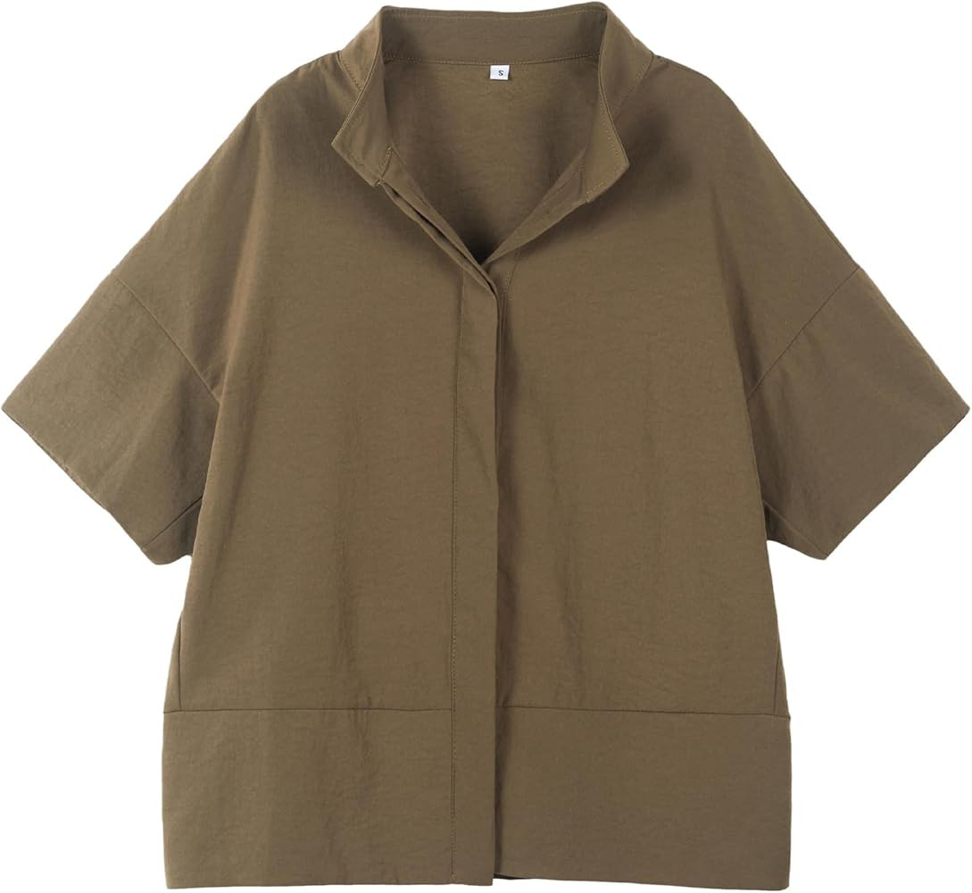 Ainangua Women Casual Button Down Shirts Oversized Short Sleeve Stand Collar Tops Trendy Work Blo... | Amazon (US)