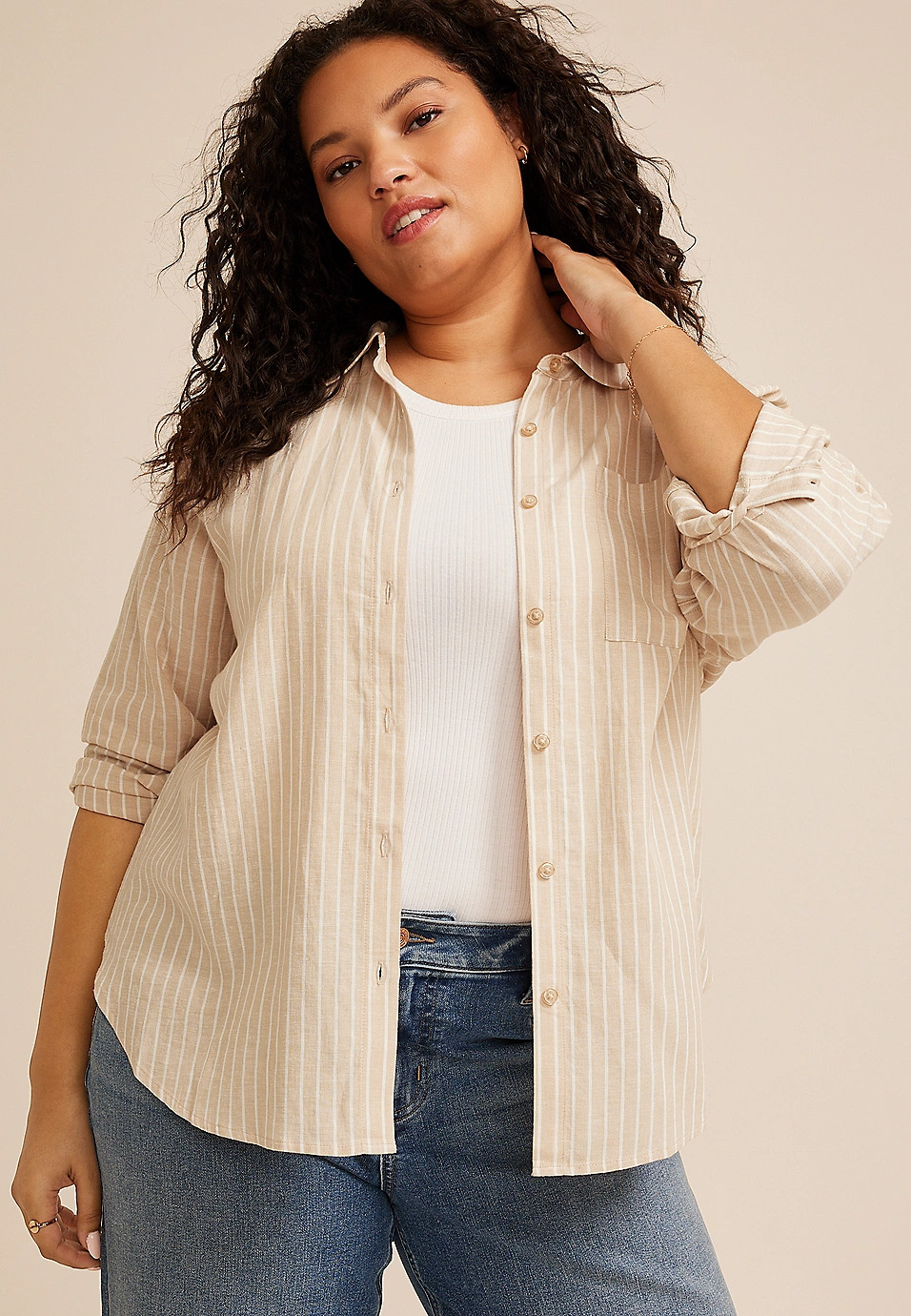 Plus Size Striped Raglan Sleeve Button Down Shirt | Maurices