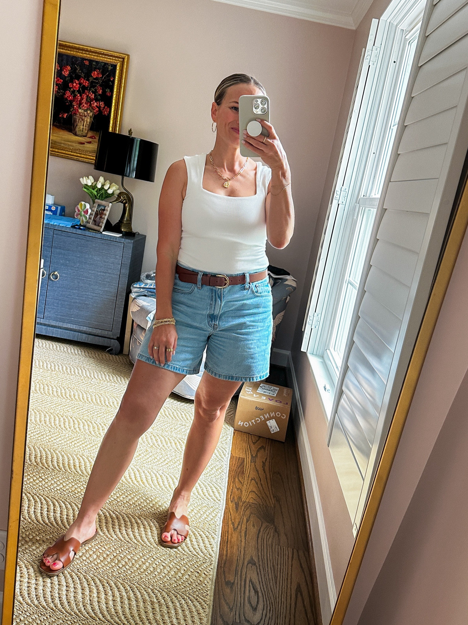 These loose, longer denim shorts look great belted with a fitted top. Shorts are TTS (wearing a size 27)! I love this body suit so much I bought it in 3 colors. I have a size small. 

#LTKFindsUnder100 #LTKOver40 #LTKxAF