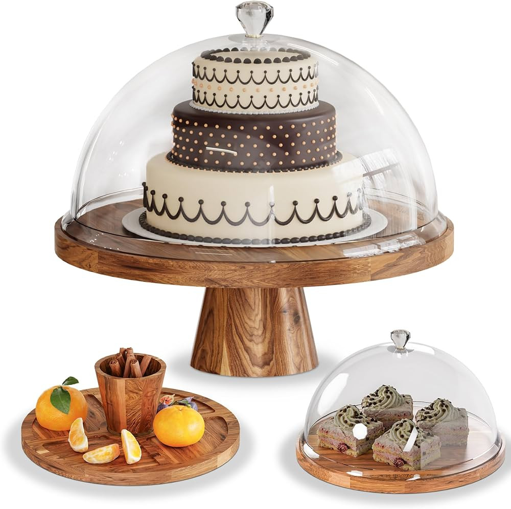 Acacia Wood Cake Stand with Lid - 12in Cake Plate, 2-in-1 Dessert Table Display Set & Charcuterie... | Amazon (US)