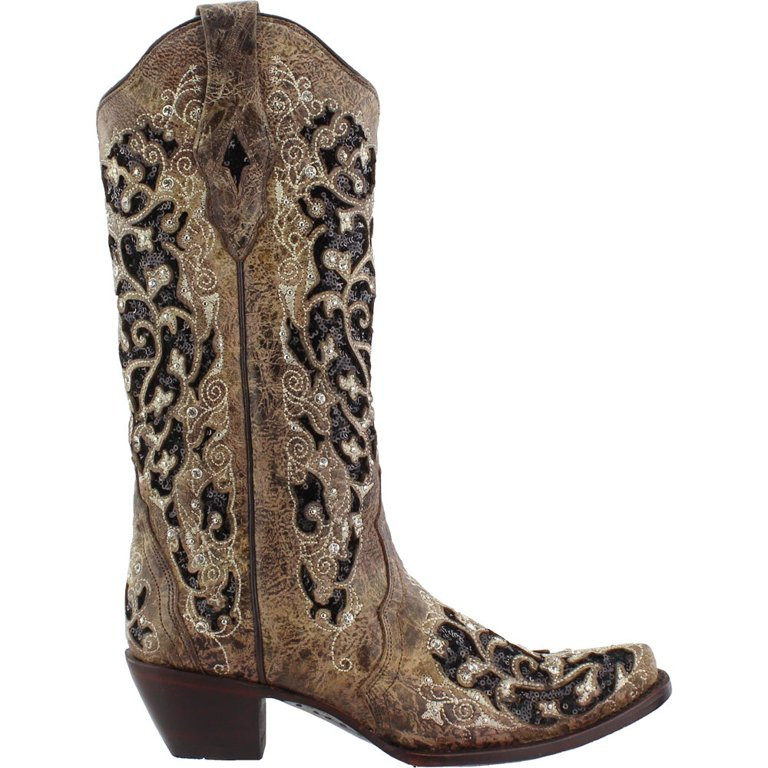 Corral Boots  Womens Sequins Tooled-Inlay Snip Toe   Dress Boots   Mid Calf Mid Heel 2-3" | Walmart (US)