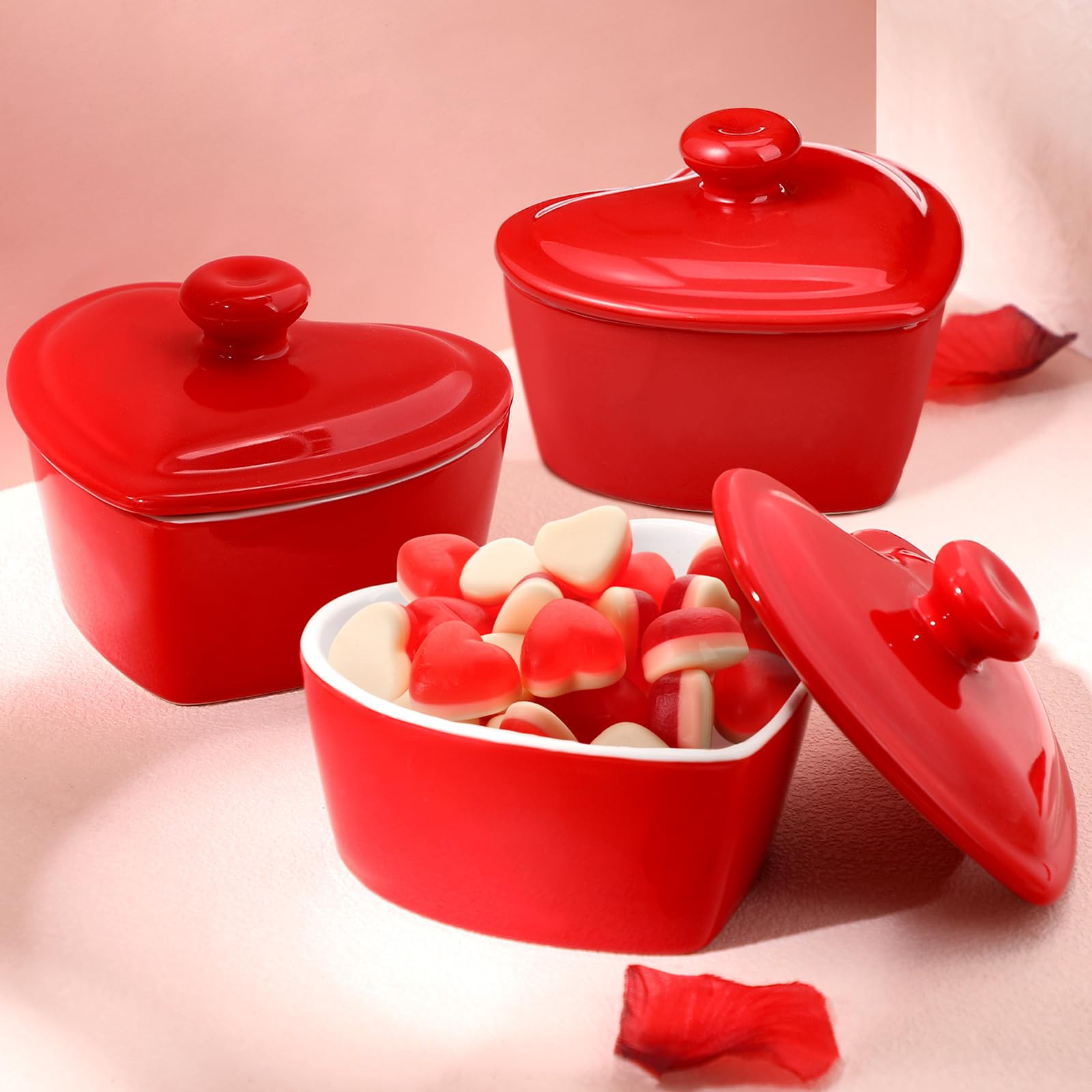 Pickmesh 3 Pcs Heart Shaped Bowl with Lid 5 oz Valentine‘s Day Red Heart Ceramic Bowl Ramekins ... | Amazon (US)