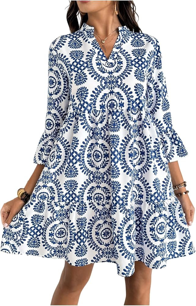 Floerns Women's Floral Tunic Dress 3/4 Ruffle Sleeve Notched Neck Vacation Smocked Boho Dresses | Amazon (US)