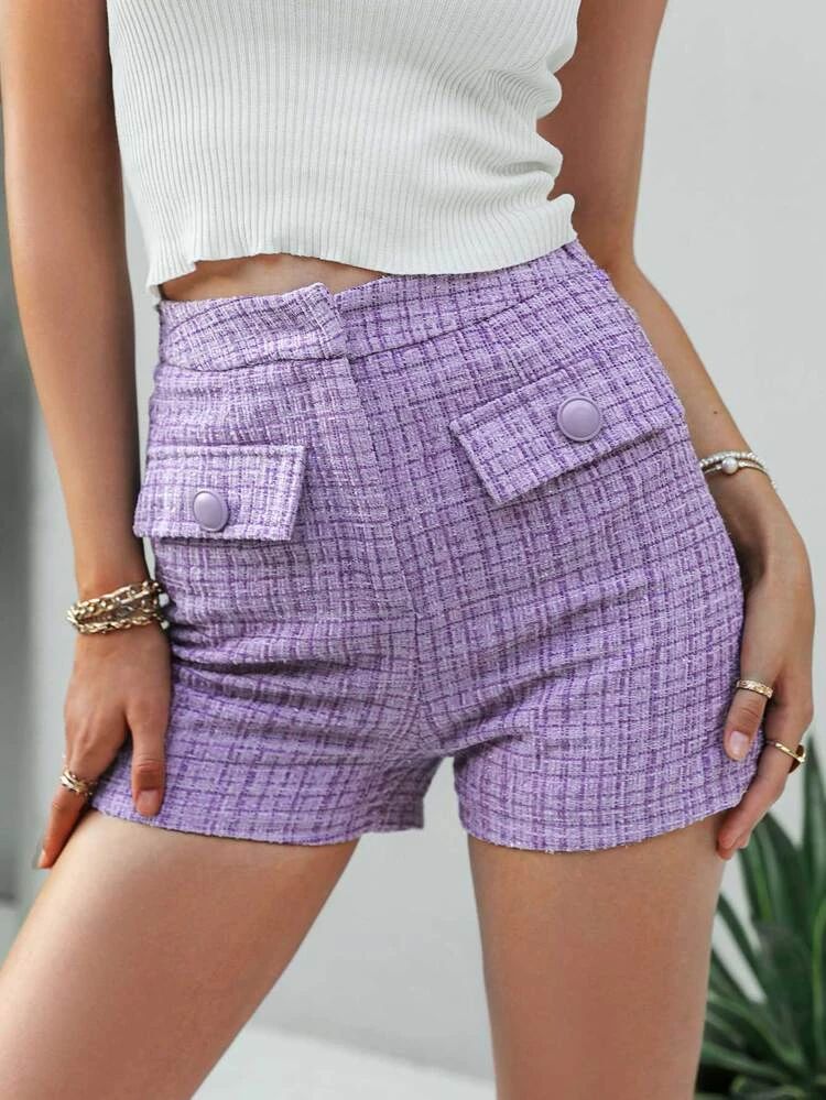 Simplee Plaid Flap Detail Tweed Shorts | SHEIN