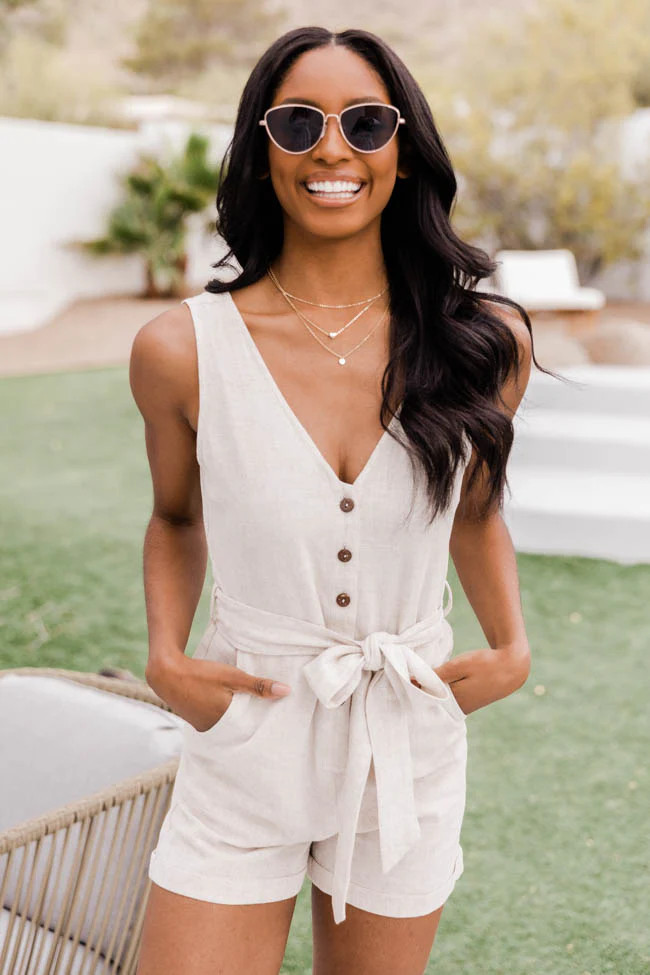 Ready To Roll Button Front Tie Waist Taupe Romper FINAL SALE | Pink Lily