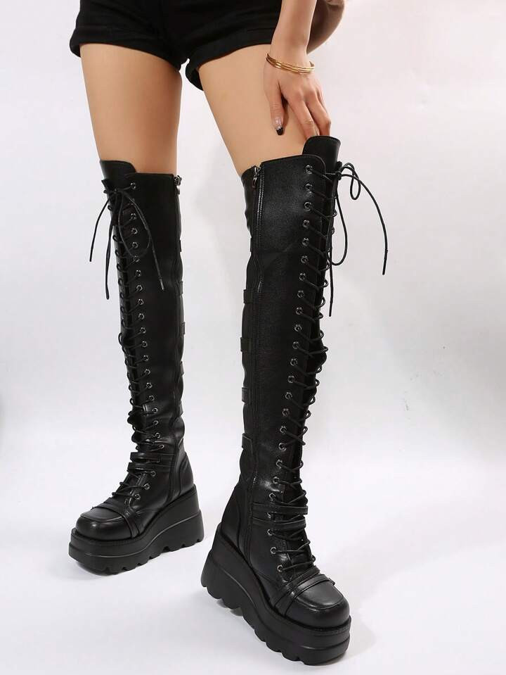 Mulheres Frente Com Cadarço Botas De Cunha , Punk Exterior Botas | SHEIN