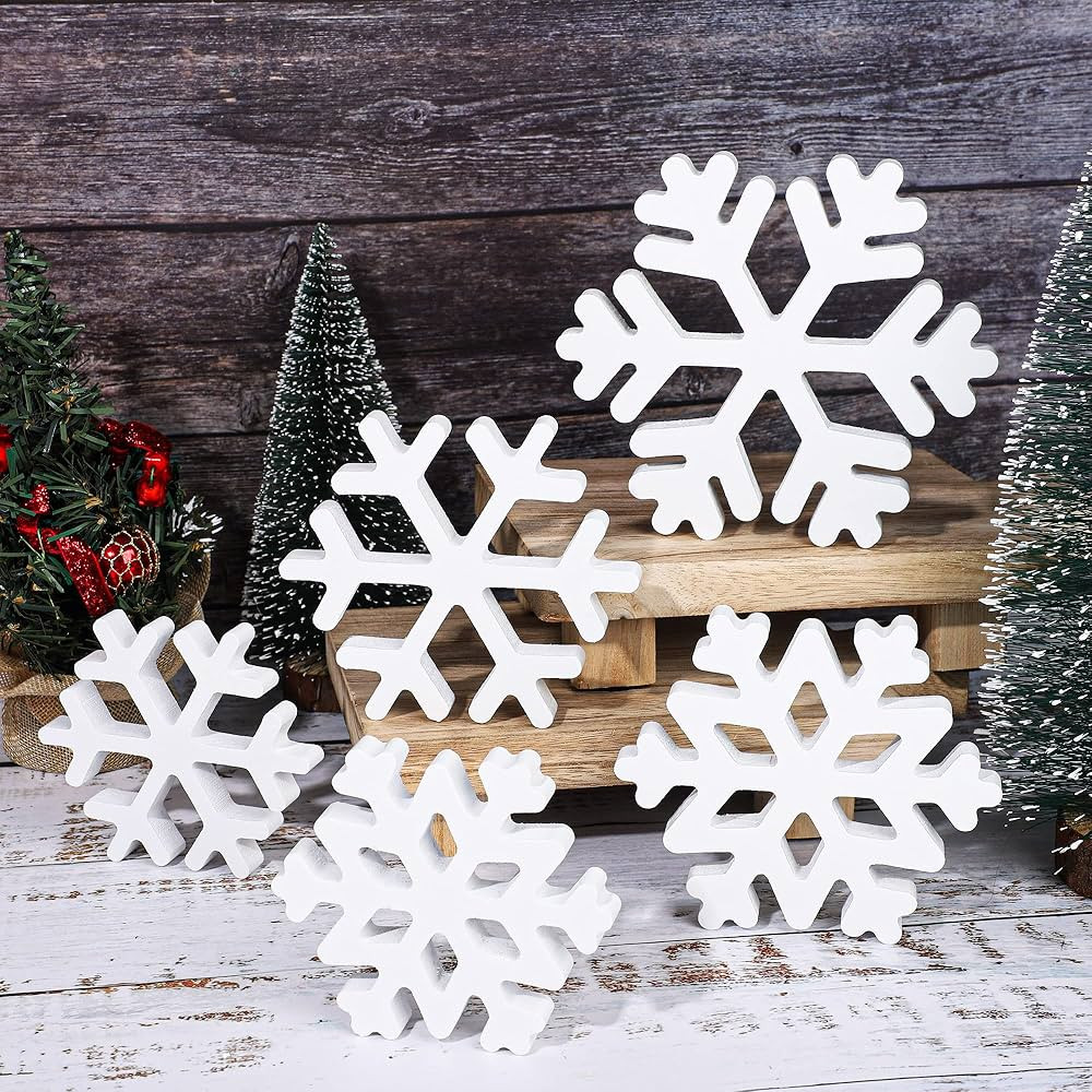 5 Pieces Christmas Wooden Snowflake Decor Winter Snowflake Wood Blocks White Snowflake Table Wood... | Amazon (US)