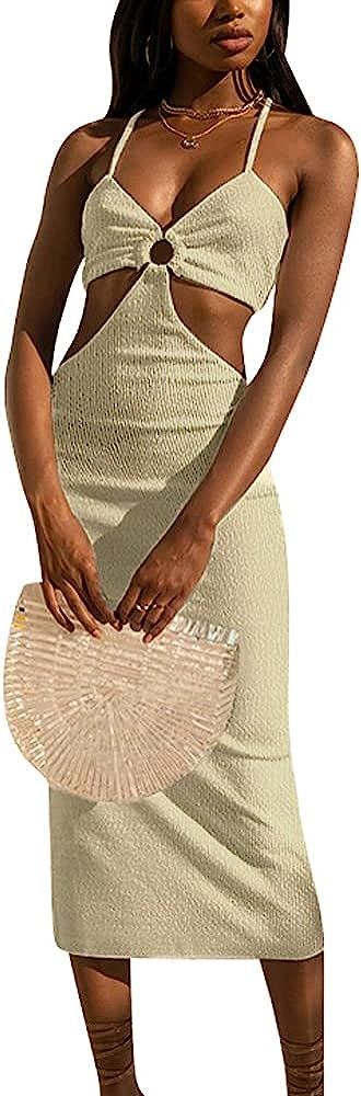 Amazon.com: Antopmen Women Spaghetti Straps Knitted Maxi Dresses Elegant Sexy Party Cut Out Backl... | Amazon (US)