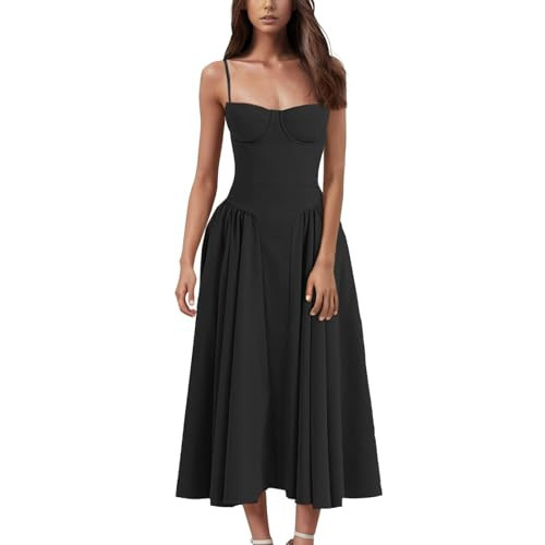 2025 Zimmerman Dress Doop Women's Corset Dress Spaghetti Strap Bustier Midi Dress Low Cut Flowy Pleated Hem Black Corset Dress for Women Summer Party Dresses with Pockets | Amazon (US)