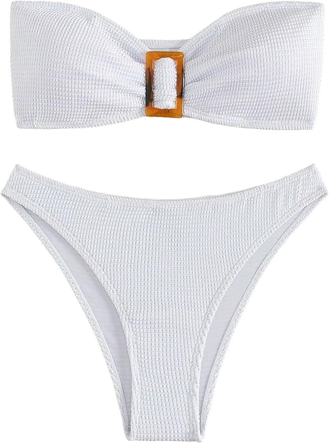 GORGLITTER Women's Strapless Bandeau Swimsuit High Waisted Thong Textured Bikini Set Bathing Suit | Amazon (US)