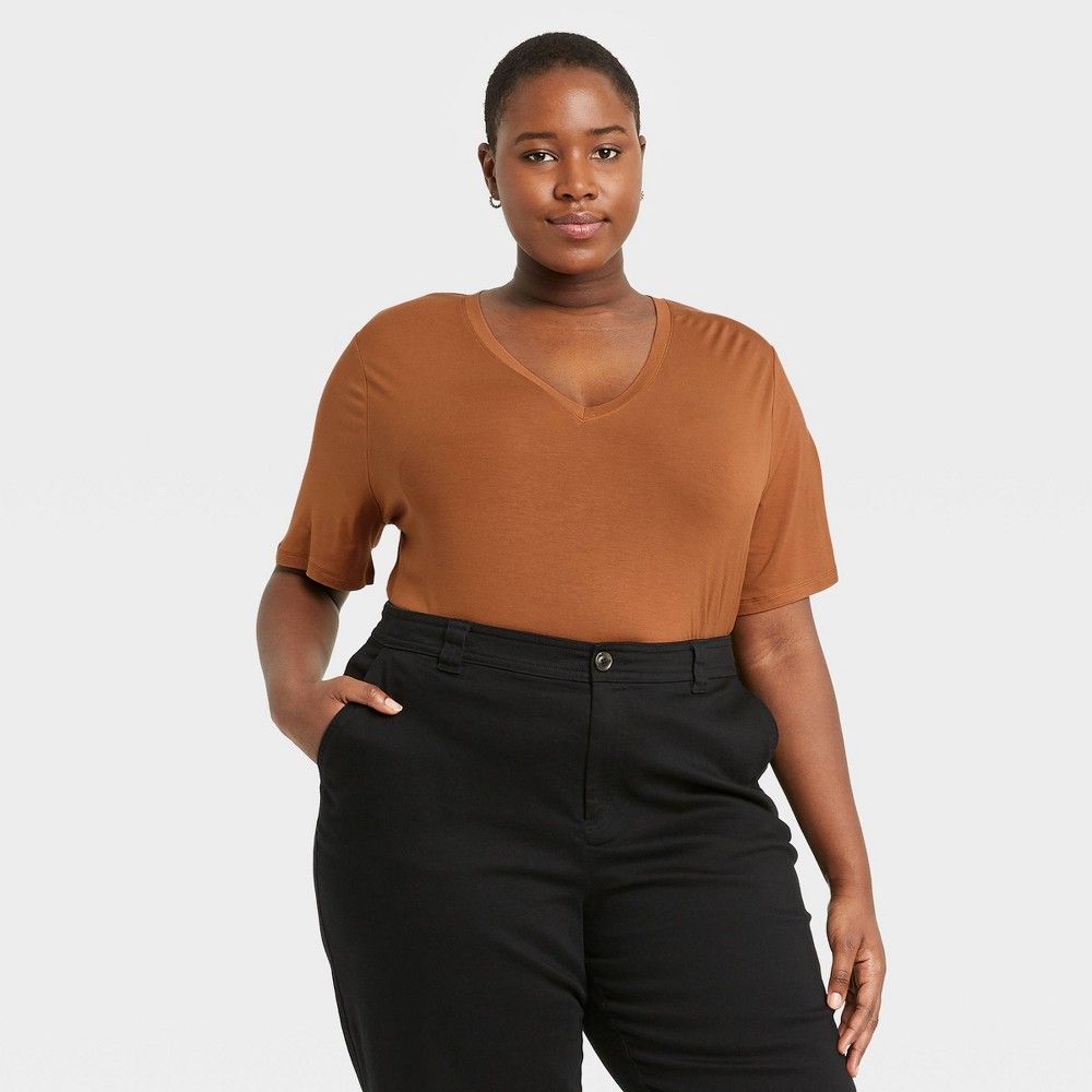 Women's Plus Size Short Sleeve V-Neck T-Shirt - A New Day Brown 1X | Target